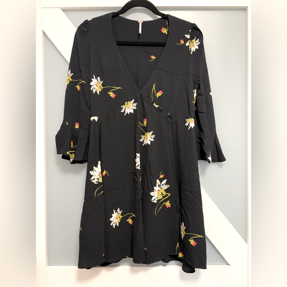 Free People- Time On My Side Black Floral Print Wrap Dress - Picture 1 of 12
